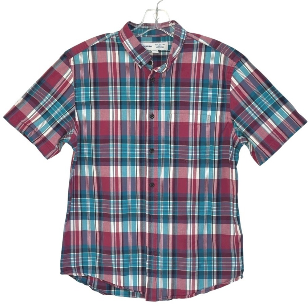 Old Navy Classic Fit Plaid Short Sleeve Button Down Burgundy Teal‎ Stretch  L